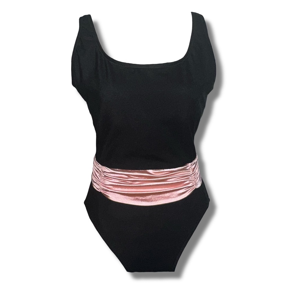 Vtg Union Made Black & Pink Ruched Sash Swimsuit